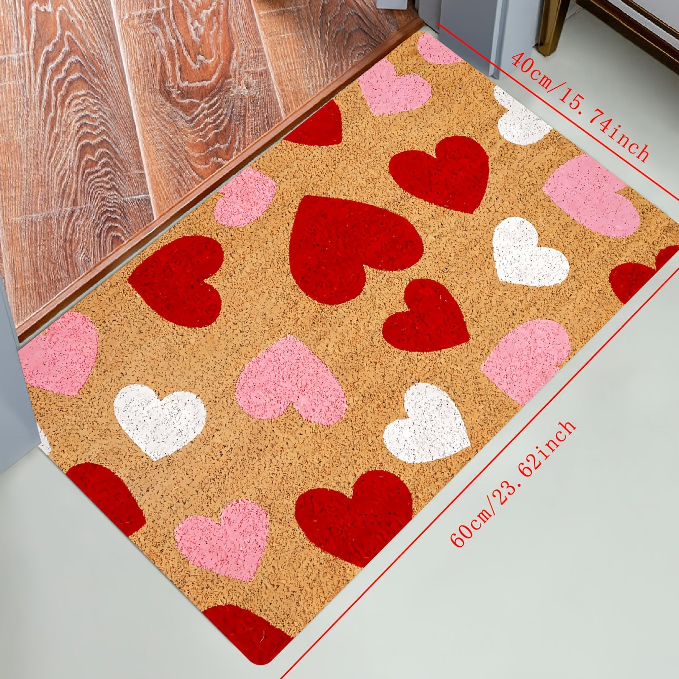 Valentine's Day Heart Door Mat - This machine washable, stain-resistant mat made of low pile polyester is perfect for indoor or outdoor use. Featuring a romantic red, pink, and white design, this easy-to-clean, machine-made rectangle rug is ideal for