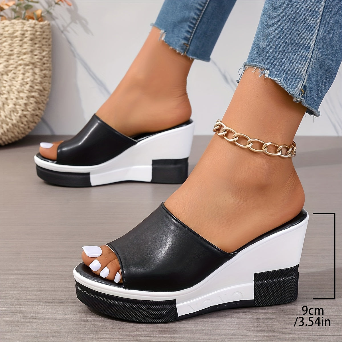 Summer wedge sandals for women with contrast peep toe and platform slide design for outdoor wear.