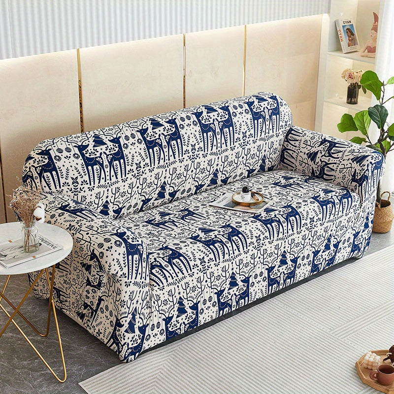 Modern printed sofa slipcover with elastic closure, made of 95% polyester and 5% spandex. Machine washable with active printing and stitched craftsmanship. Fits armchairs to sectional sofas, weighing 100-120gsm fabric.