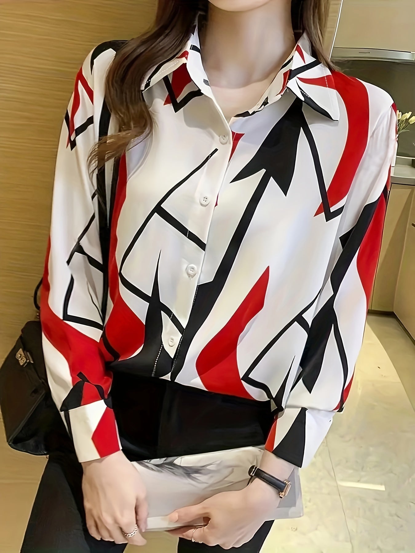 Color Block Button Front Shirt, Long Sleeve Lapel Collar Shirt for Spring & Fall.