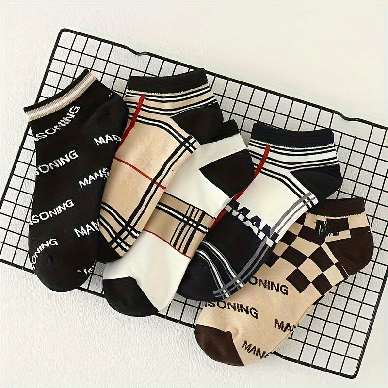 10 pairs of men's stylish ankle socks with letter pattern, made from breathable polyester blend.