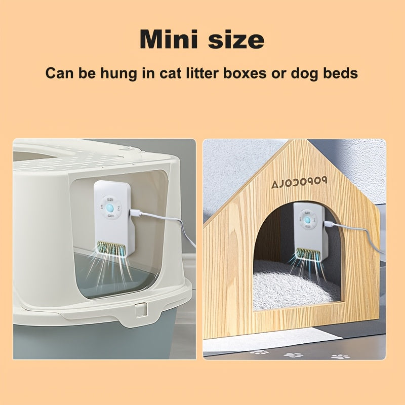 Small pet-friendly air purifier with USB power supply, ideal for cat litter boxes and dog kennels, made of plastic, low voltage operation, FreshBreeze technology.