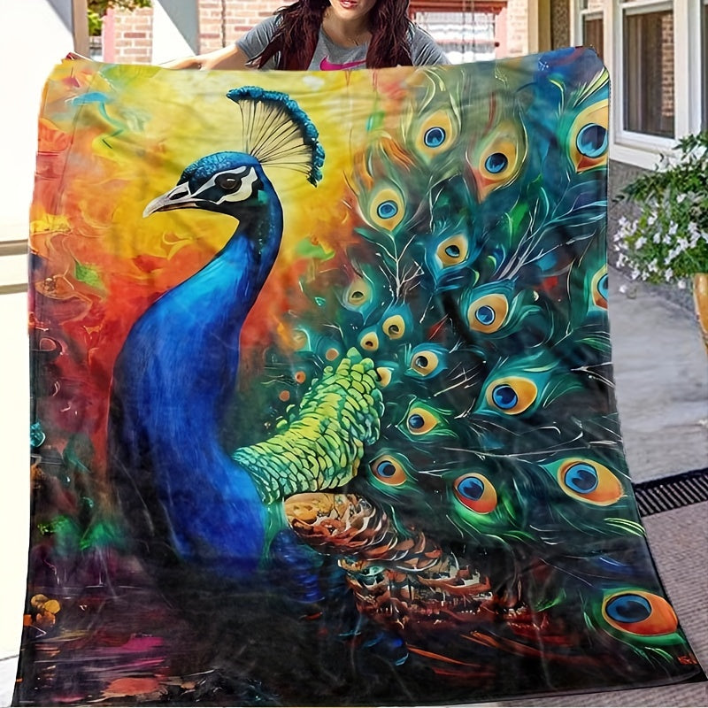 Stay cozy all year round with this versatile Peacock Print Flannel Throw Blanket. Perfect for those with allergies, this hand washable blanket features a stunning woven digital print that can be used in any season. Ideal for adding a touch of style to