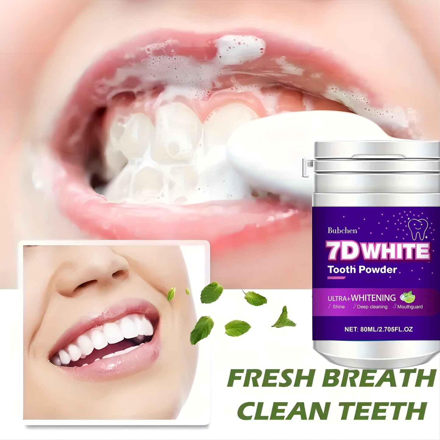 Bubchen 7D Whitening Tooth Powder with Natural Pearl Essence, Mint Flavor, 80ml - 6 Weeks Supply, Deep Clean & Stain Removal.