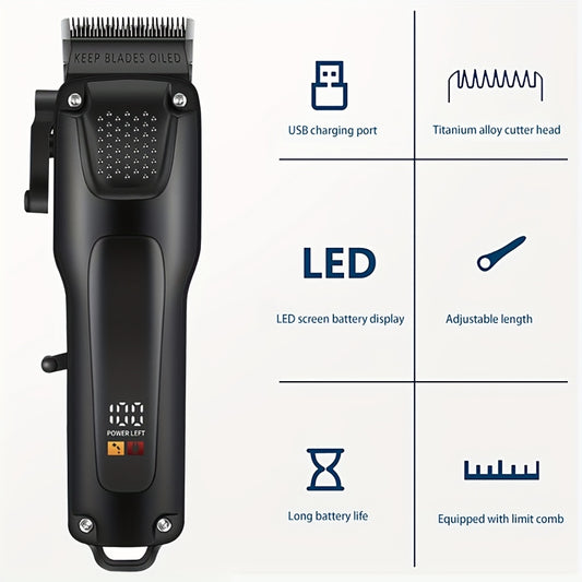 Sleek Shaver Cordless Hair Clipper Set for Men - Premium Black design with Digital Display, USB Rechargeable, 2100mAh Lithium Battery. Includes Multiple Comb Attachments, Cleaning Brush.