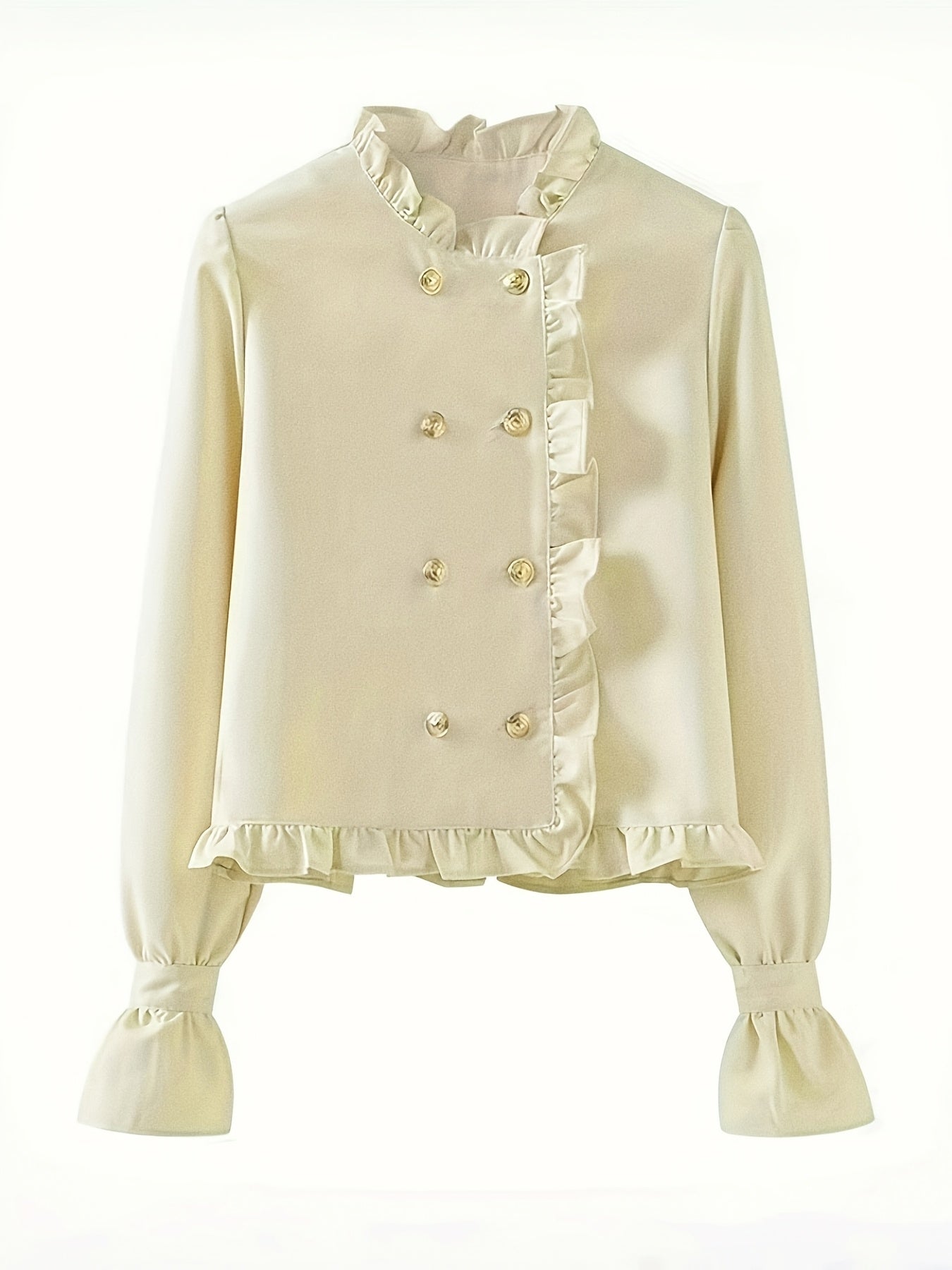 Stylish cream blouse with ruffle trim and stand collar for fashionable women.