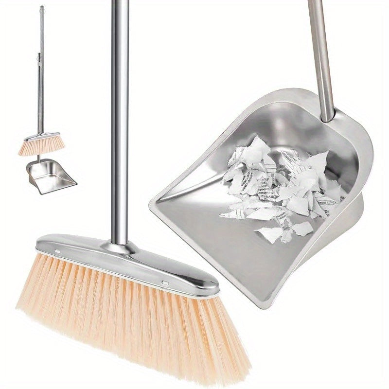 Two-piece Set of Stainless Steel Dustpan and Broom with Long Handle, Heavy-duty Upright Sweeping Brush with Hanging Ring, Ideal for Indoor Home Cleaning