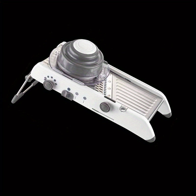 Professional grade stainless steel mandoline slicer capable of adjusting to 18 different sizes, perfect for slicing vegetables such as onions and potatoes. Safe and easy to use, this kitchen accessory is a must-have for any cook.