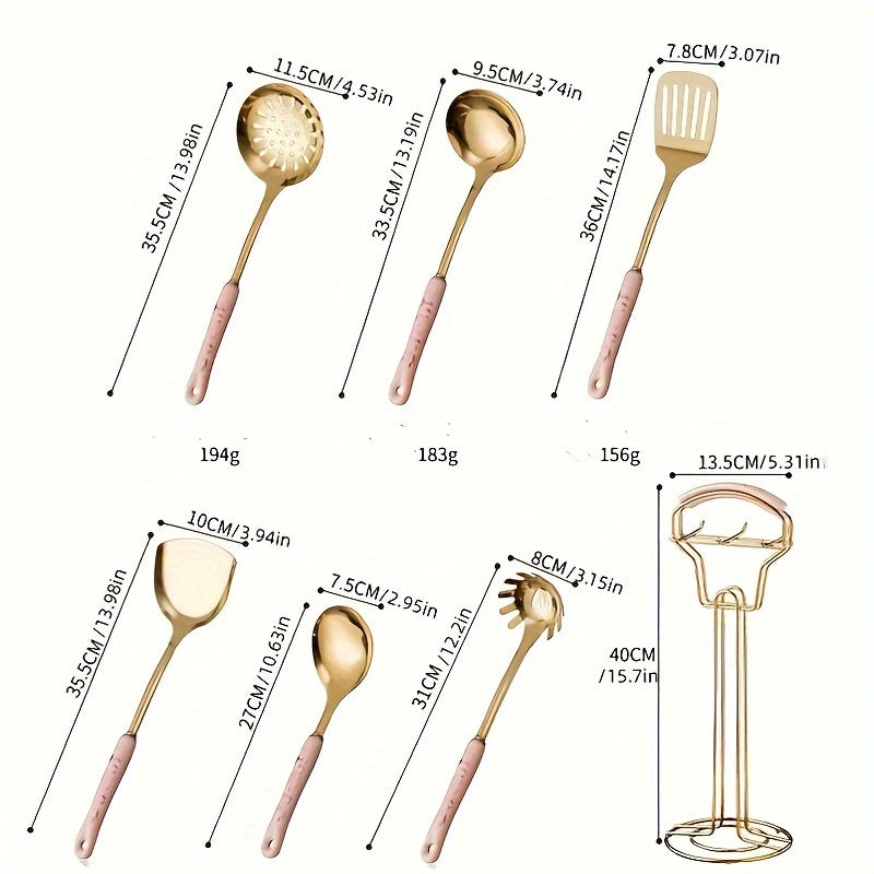 Set of 7 stainless steel utensils with ceramic handles, including a cooking turner, spatula, soup spoon, colander spoon, and pasta spoon. This kitchen utensil set is designed for safety and non-stick cooking, making it a must-have for your kitchen.