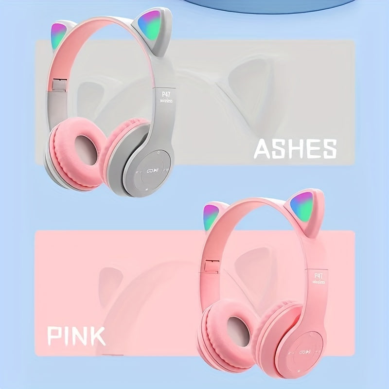 Wireless headphones with cute cat ears, LED lights, mic control. Stereo music helmet for phones and tablets with USB charging, volume control, and 3.5mm jack. Available in multiple colors.