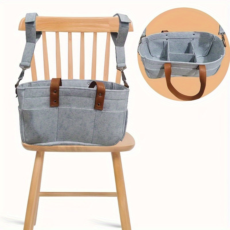 Portable and versatile Grey Patchwork Felt Diaper Caddy with convenient handles for organizing diapers. No electricity required with a sustainable wood-free design.