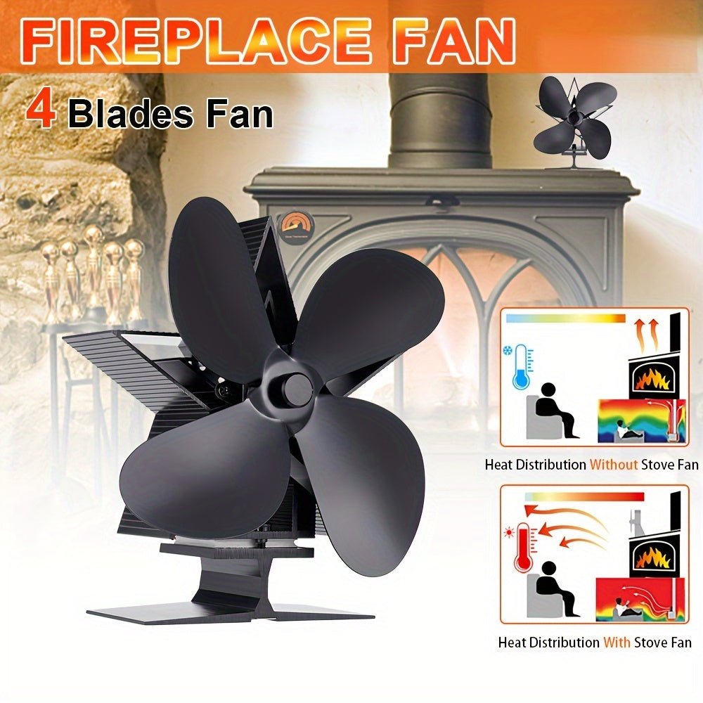 One piece of 4/5 blades fireplace fan with thermal power, produces quiet sound, saves energy, mounts on wall to circulate air in household, efficient heat dissipation, does not require electricity.