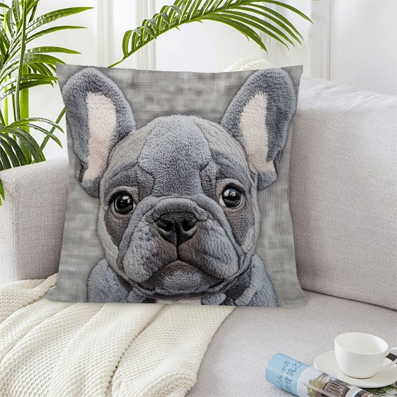 Grey Bulldog design throw pillow cover - 45.72x45.72cm, soft linen, machine washable with zipper closure. Ideal for home, office, or party decor.