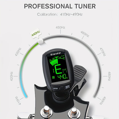 SWIFF A3 Professional Guitar Tuner LED displey bilan – Akustik, bas va elektr gitarlari uchun aniq klip-on tunerlash, qora ABS materialida ixcham dizayn, SWIFF AUDIO