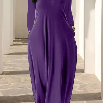 Plus Size Solid Color Maxi Dress with V Neck, Long Sleeves, Pocket.