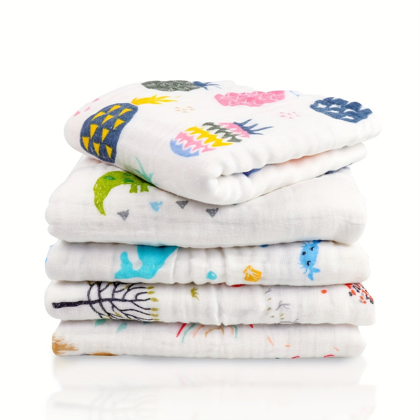 Five pieces of 70x70cm soft and absorbent cotton muslin towels, featuring a 6-layer design perfect for use as bath or face towels.