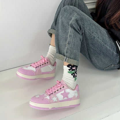 Women's graphic lace up skate shoes with thick sole, patchwork design, non-slip grip, and lightweight construction.