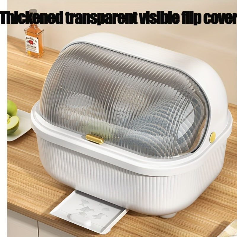 The Large Capacity Kitchen Storage Box is a covered plastic dish rack designed to keep dishes and utensils organized and protected from dust and insects. This drainer organizer container requires no electricity, making it a convenient and efficient