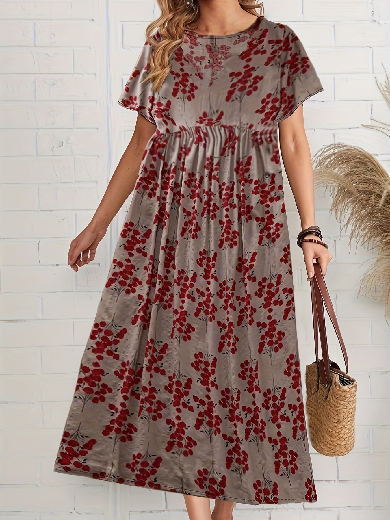 Polyester A-Line midi dress with floral print and drop shoulder sleeves, ideal for spring/summer/fall.