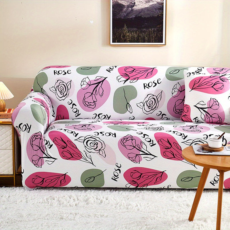 Modern printed sofa slipcover with elastic closure, made of 95% polyester and 5% spandex. Machine washable with active printing and stitched craftsmanship. Fits armchairs to sectional sofas, weighing 100-120gsm fabric.