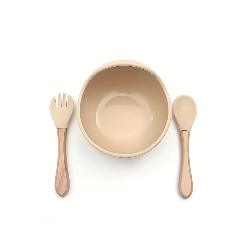 Set of 3 Food Grade Silicone Suction Bowls with Wooden Handle Spoon and Fork - Portable and Non-slip Tableware, Perfect for Halloween and Thanksgiving Day Gifts.