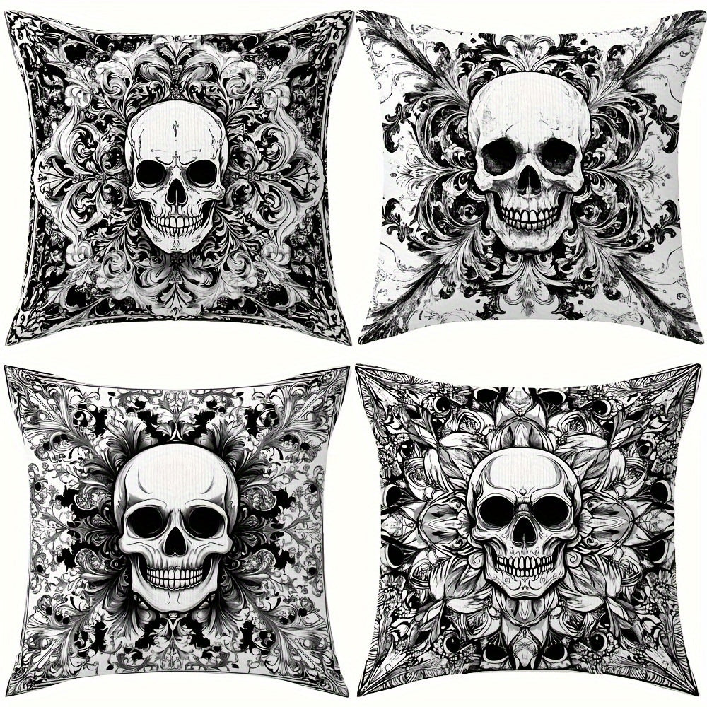 Polyester Gothic Skull Pillow Covers 4-Pack - Featuring Double-Sided Print, Zippered Decorative Cases for Sofa Cushions. Perfect for Halloween & Christmas Decor, Suitable for ages 18 and up. (Insert Not Included) - Item Code: QYH8-281/284