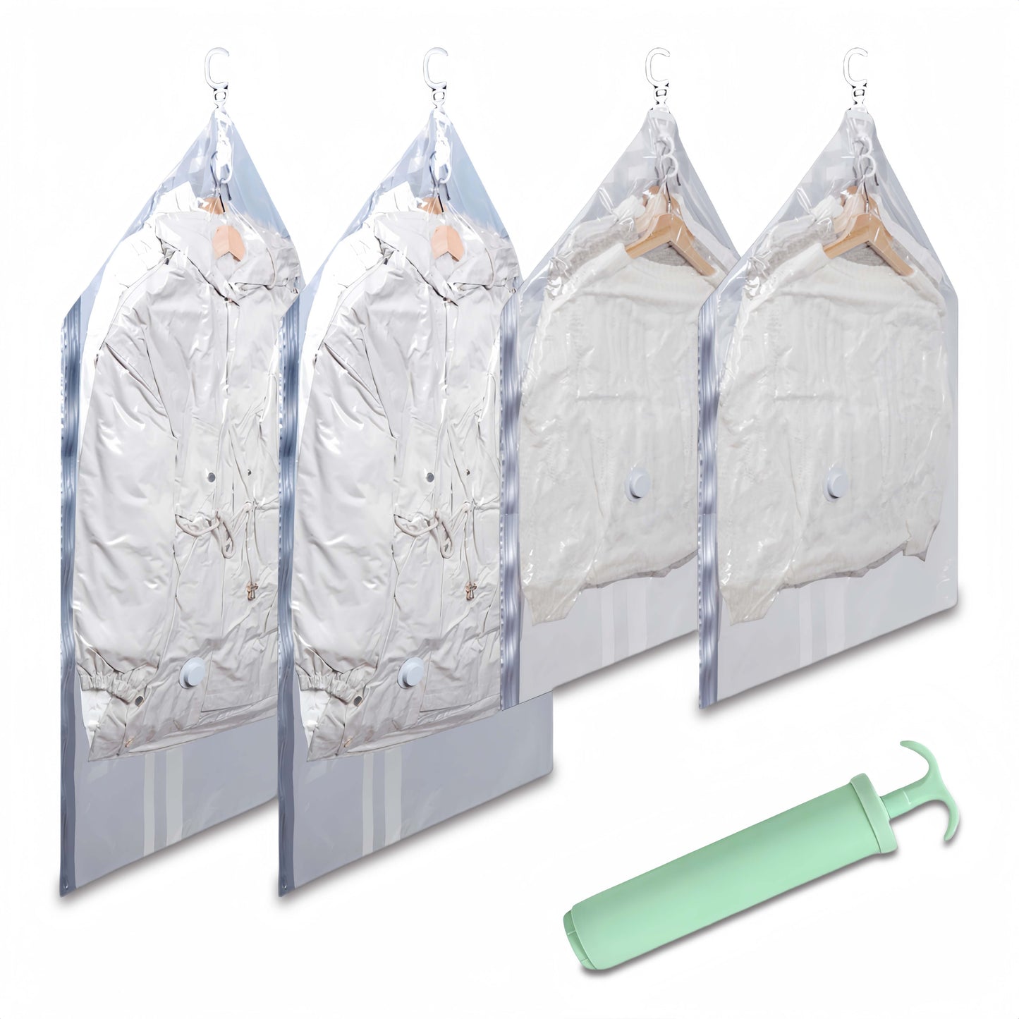 Hanging Vacuum Bags: Keep Your Clothes, Coats, and Jackets Organized - Available in Packs of 2, 4, or 6 with Manual Pump Included - Easy Zip Closure - Made of Durable Plastic - Space-Saving Rectangle Shape - No Electricity Needed