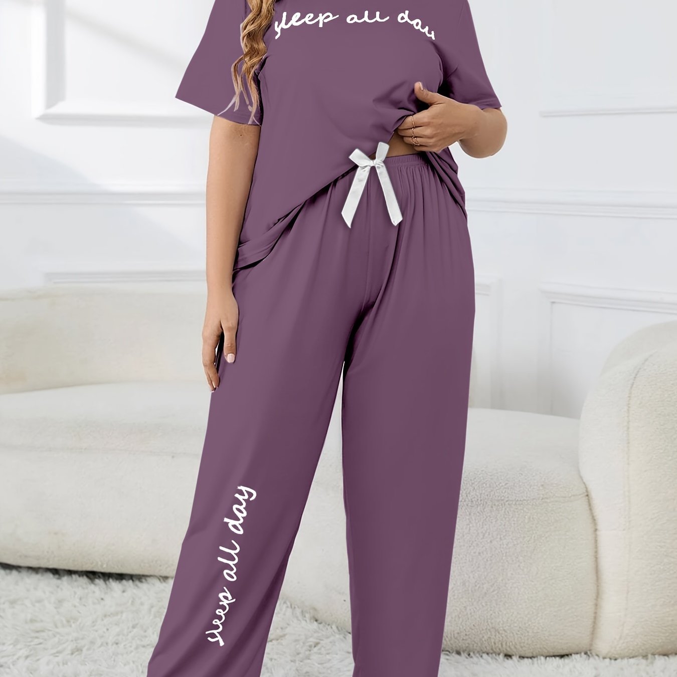 Cute plus-size pajama set with printed top and casual pants.