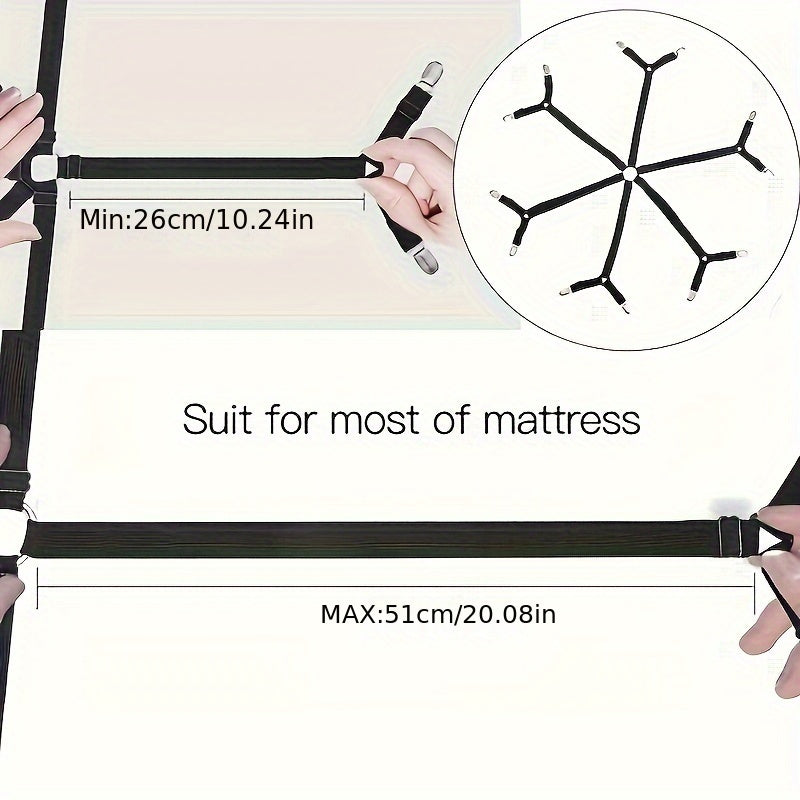 This adjustable elastic bed sheet strap features 12 non-slip clips, ideal for use at home or in hotels. It comes in white.