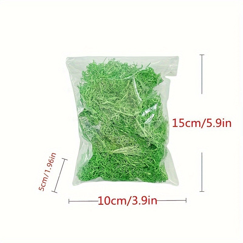 30g vibrant green faux moss grass for home decor, DIY crafts, and holiday decorations. Made of plastic, no container included. Ideal for living room walls and garden accents.