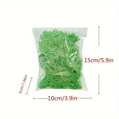 30g vibrant green faux moss grass for home decor, DIY crafts, and holiday decorations. Made of plastic, no container included. Ideal for living room walls and garden accents.