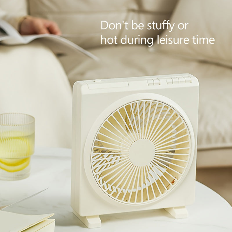 Portable Mini USB Rechargeable Table Fan with Button Control, Made of Durable Plastic Material, Features Built-in Lithium Battery, Ideal for Indoor and Outdoor Use, Comes with Multiple Components.