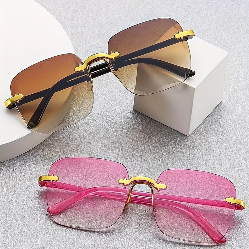 Women's square frameless dress-up glasses with gradient colored lenses and fashionable cut edges.