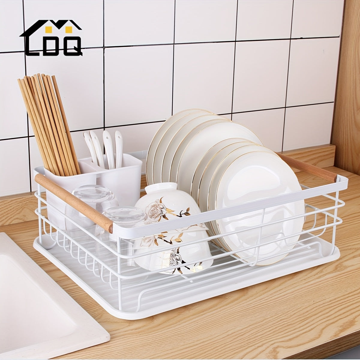 LDQ Single-Tier Dish Rack with Removable Cutlery Holder, Drip Tray, Wooden Handle, White, Large Capacity, Rustproof, Kitchen Counter Organizer