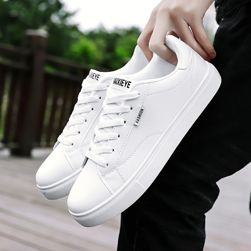 Men's casual skate shoes with solid color, low top lace-up design, PU upper, fabric lining, EVA insole, and rubber sole. Versatile for spring/summer and fall, suitable for casual wear.