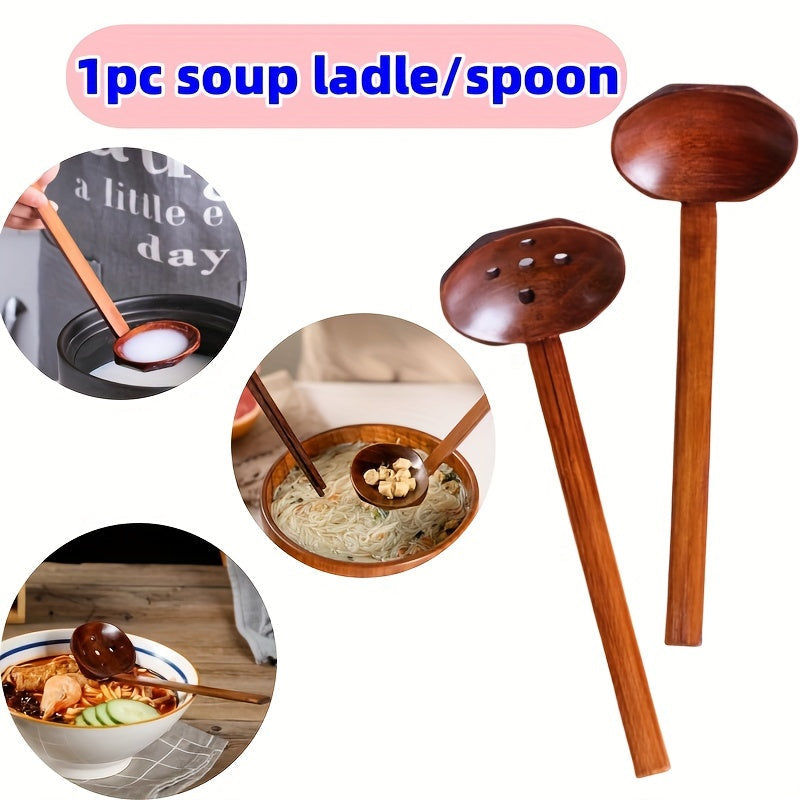 Handcrafted Wooden Soup Ladle/Spoon with Long Bamboo Handle - Kitchen Utensil for Food Contact - Ideal for Straining and Serving Hot Pot