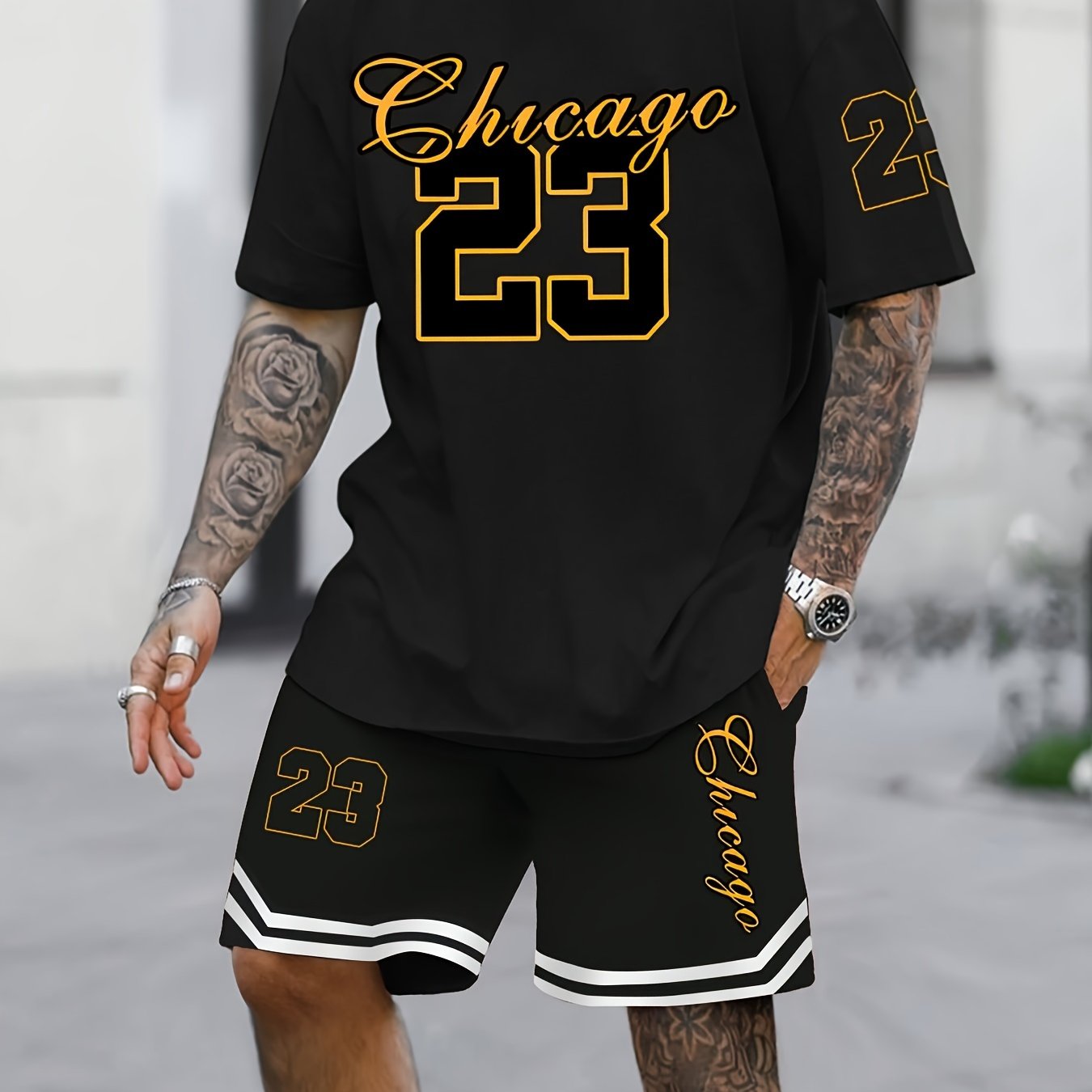 Men's summer fashion two-piece set featuring jersey number 23 print short-sleeve shirt and black sports shorts with pockets and drawstring. Comfortable, easy to care for fabric that is