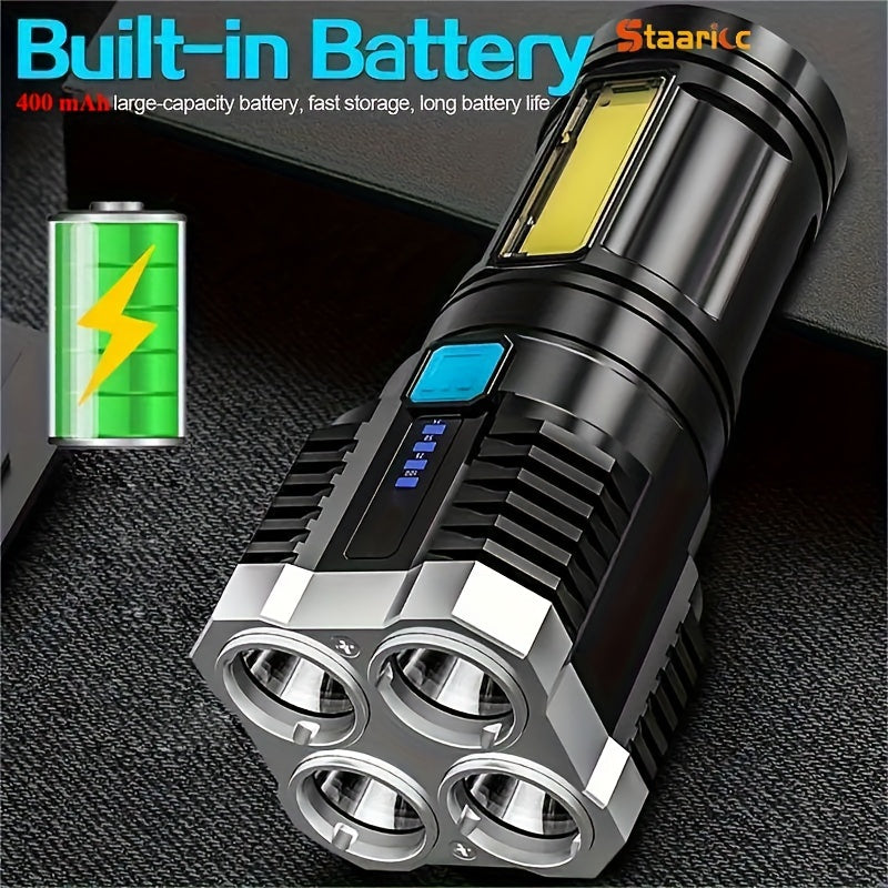 Staaricc LED flashlight with USB rechargeable COB side light, 4 modes, dimmable, push button control, IPX-4, ABS plastic, outdoor use, includes cable and 400mAh battery.