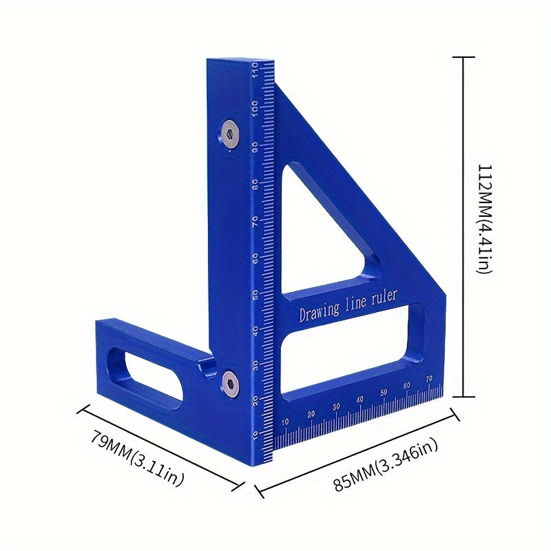 Aluminum woodworking square ruler for carpentry and DIY projects, measuring 45 and 90 degree angles.