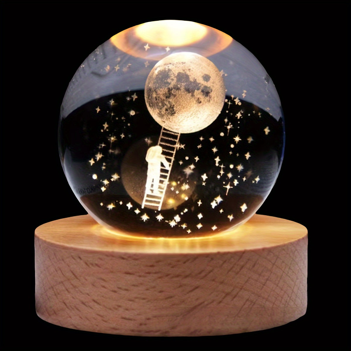 USB-powered crystal ball night light with wooden base, LED tabletop lamp for bedroom, energy efficient uplight with countertop mounting, accessory included, no battery needed.