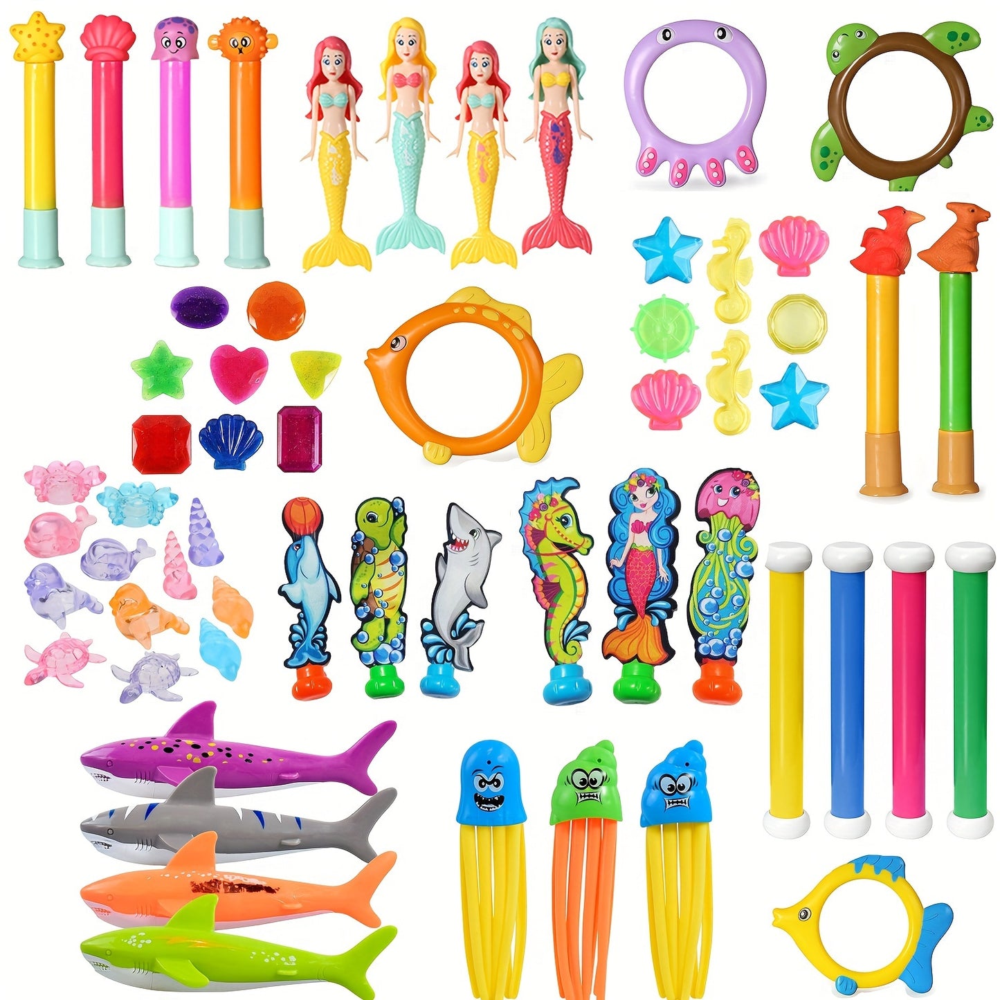 Children's diving pool toy set with underwater swim games includes PVC beach dive sticks, rings, and treasure toys. Perfect for toddlers and children at parties.