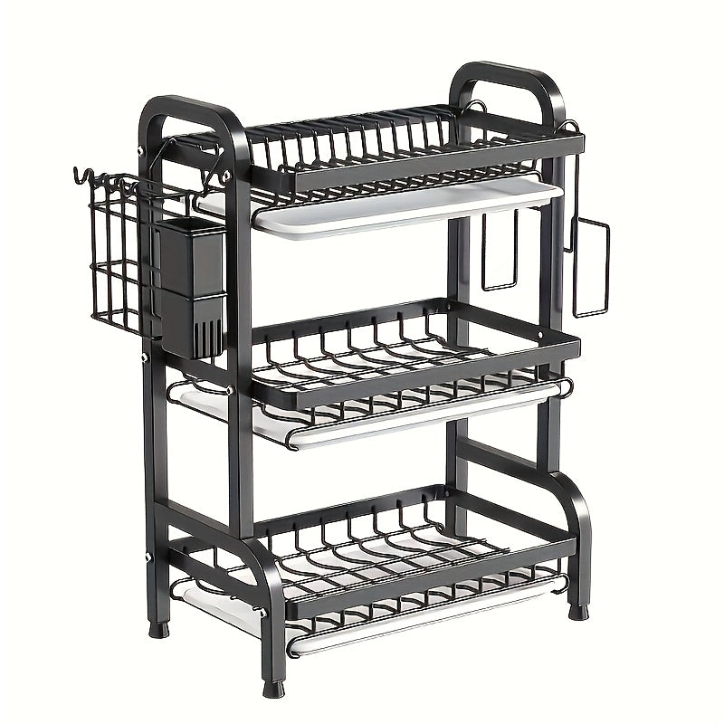 Durable stainless steel kitchen organizer for dish and utensil storage, no power needed, multi-functional plate rack.