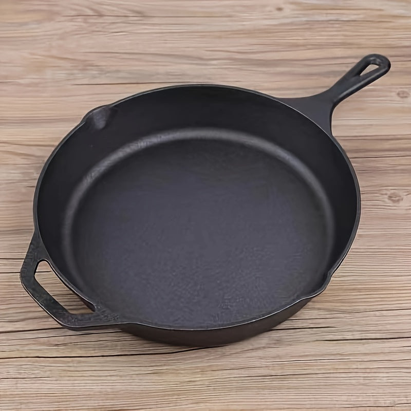 12-inch one-piece cast iron frying pan with a thickened design, featuring a flat bottom and no coating, perfect for frying and baking.