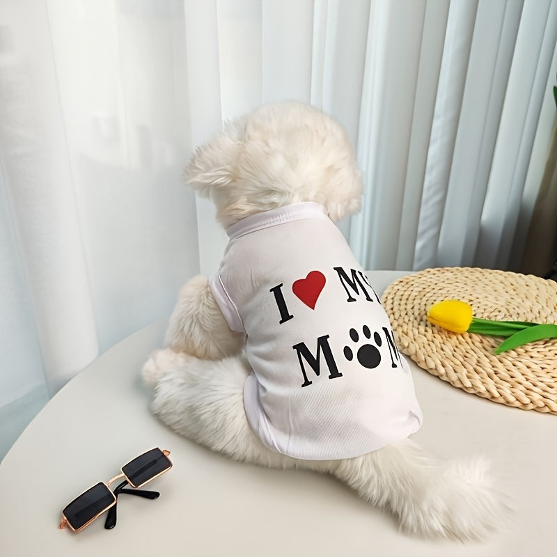 Pet T-Shirt Vest for Dogs and Cats with "I Love My Mom" Print, Made of Breathable Knitted Polyester for all Seasons, Available in Small to Large Sizes.