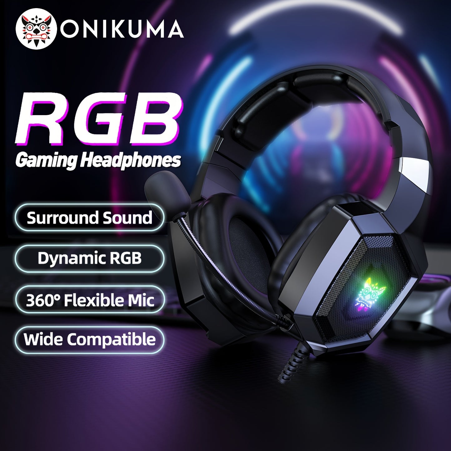 ONIKUMA K8 Wired Gaming Headphones with Noise-Canceling Mic, LED Lights, 360° Rotating Ear Cups, USB-Powered for Crystal Clear Sound and Immersive Gaming.