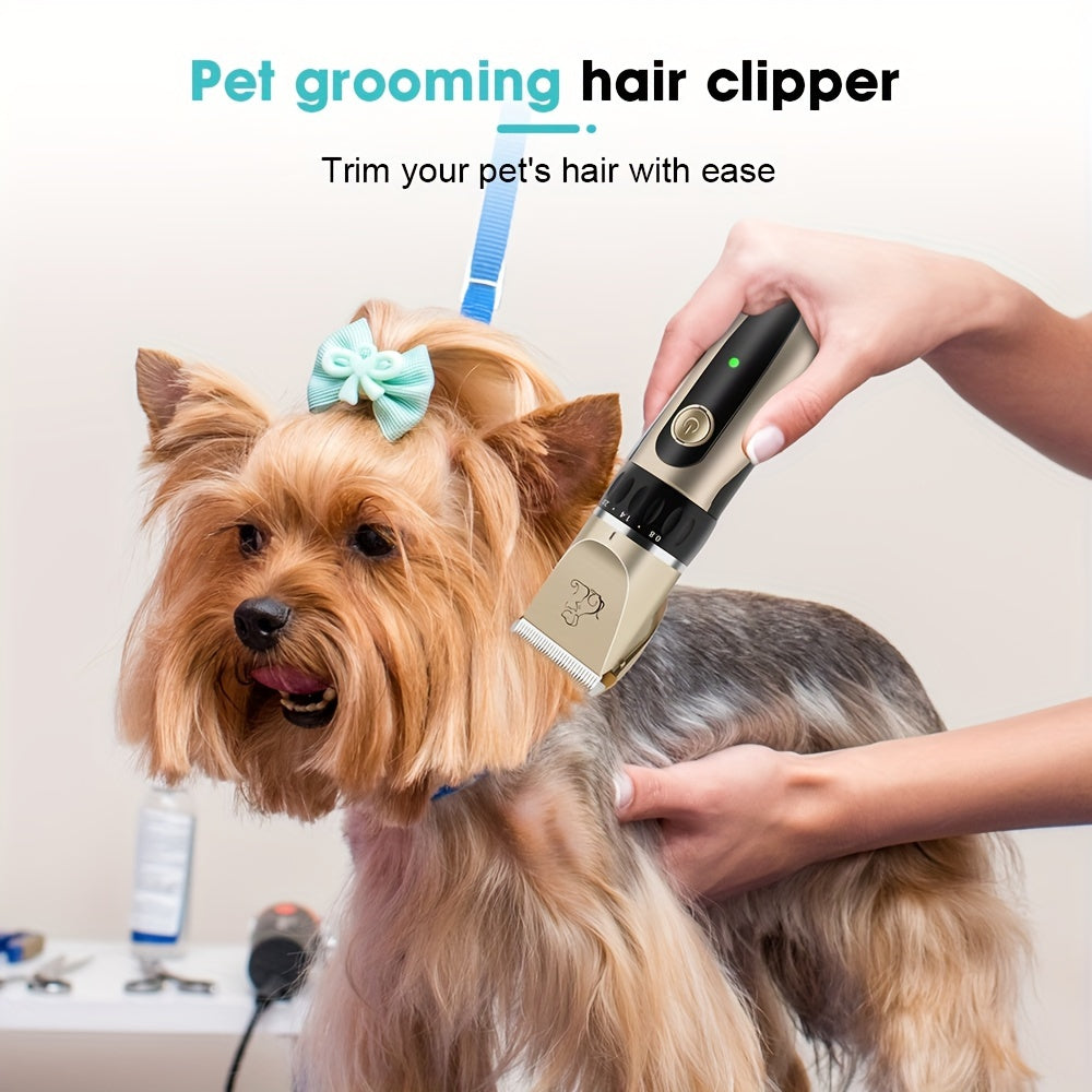 Electric pet hair trimmer with removable blade and rechargeable battery.