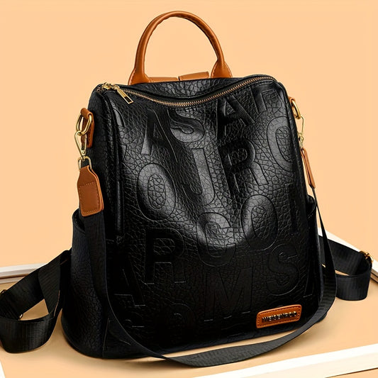 Black women's backpack with large capacity, adjustable straps, crocodile texture, and foldable design - ideal for commuting or travel.