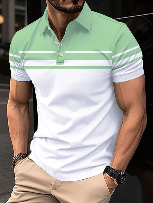 Short Sleeve Lapel T-shirt with Color Blocking Print for Men, Casual Sports Top