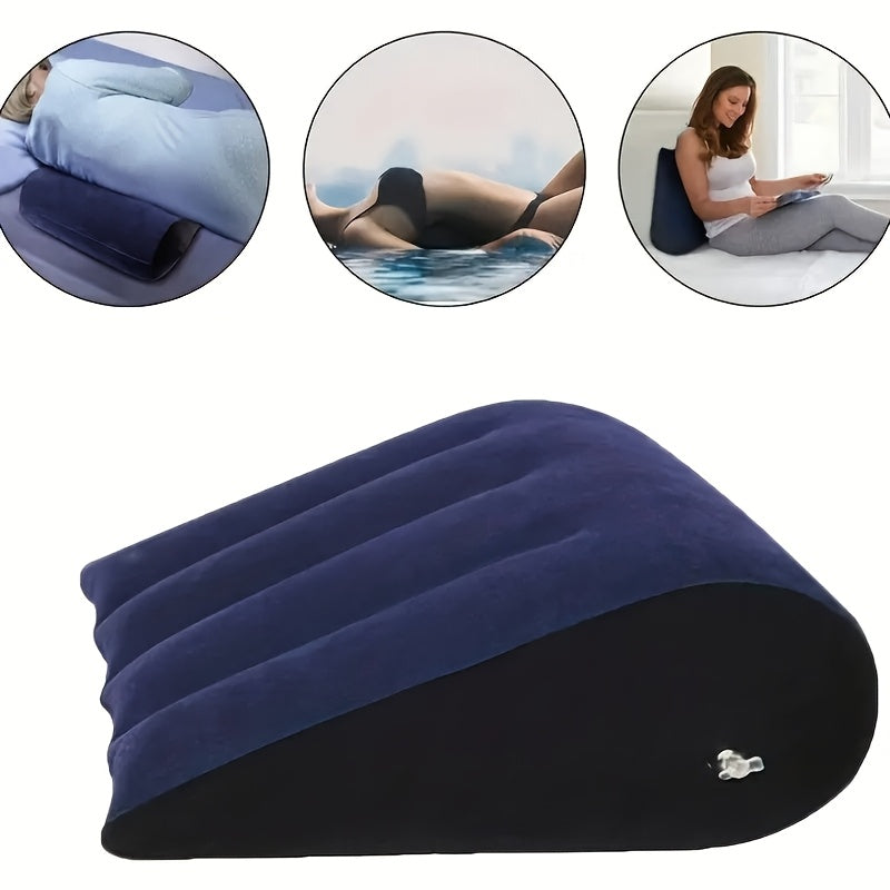 Portable Triangle Cushion, Inflatable Wedge Pillow with Durable PVC, Lightweight and Multi-Purpose Body/Support Pillow. Suitable for Home, Camping, Travel for Adults. Hand Washable, All-Season Usage in Blue Woven Fabric. No Electricity or Batteries