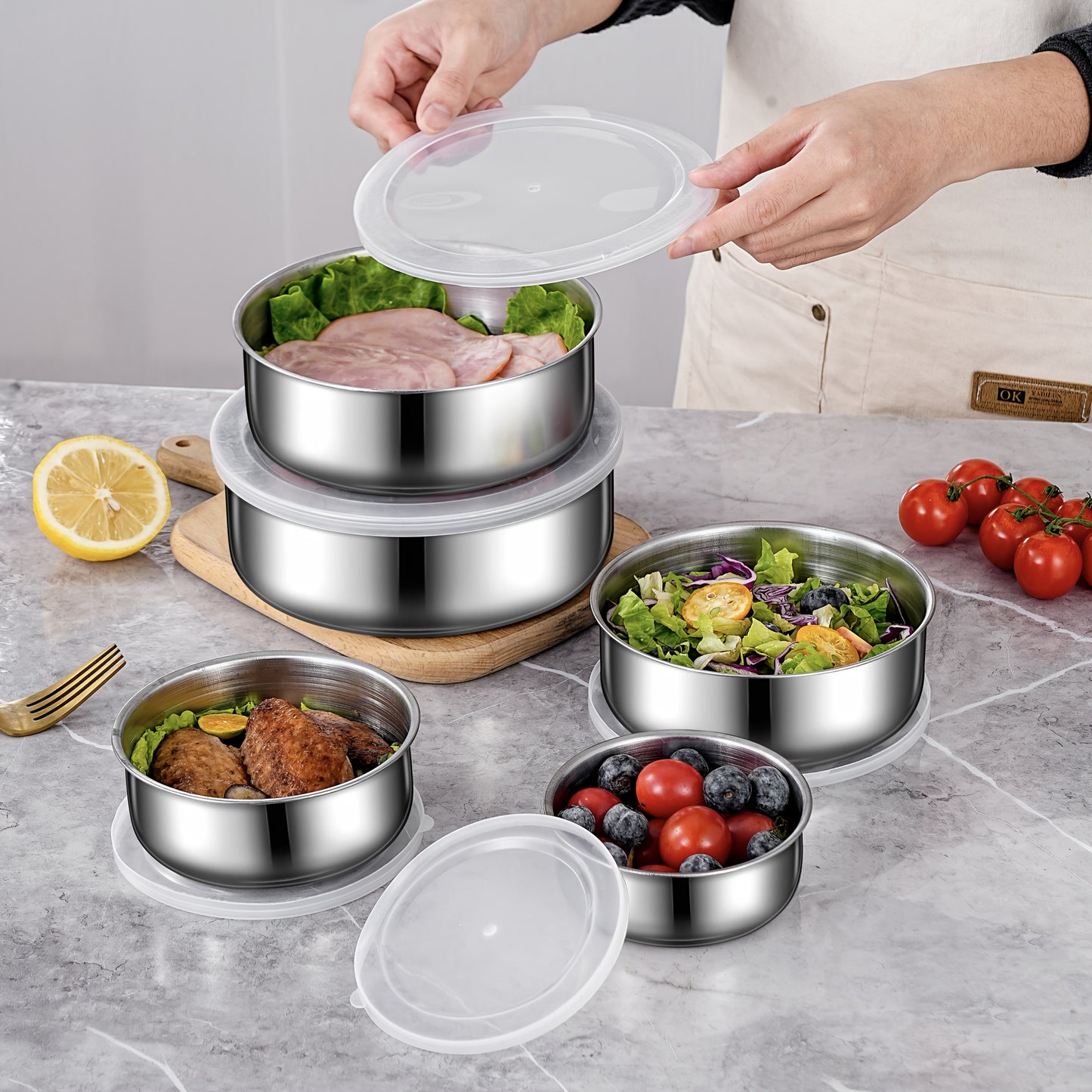 Set of 5 Stainless Steel Food Storage Containers with Transparent Lids - Perfect for Storing Fruits, Vegetables & More | Essential for Kitchen Organization, No Power Required, Safe for Food Storage